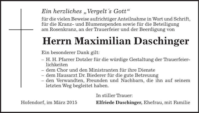 Traueranzeige Maximilian Daschinger
