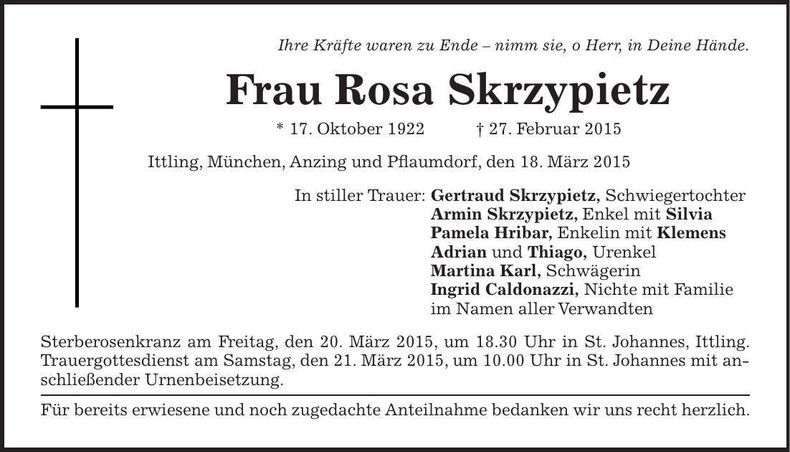 Traueranzeige Rosa Skrzypietz