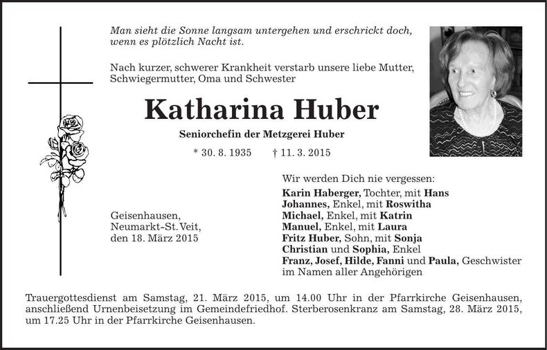 Traueranzeige Katharina Huber