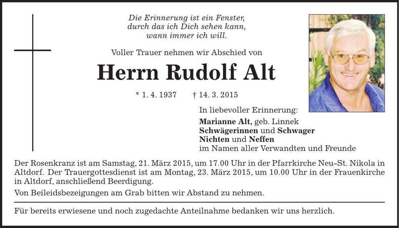 Traueranzeige Rudolf Alt
