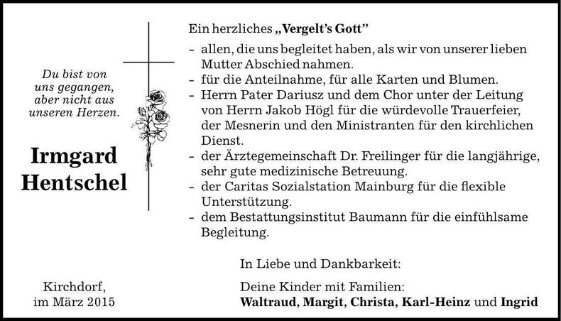 Traueranzeige Irmgard Hentschel