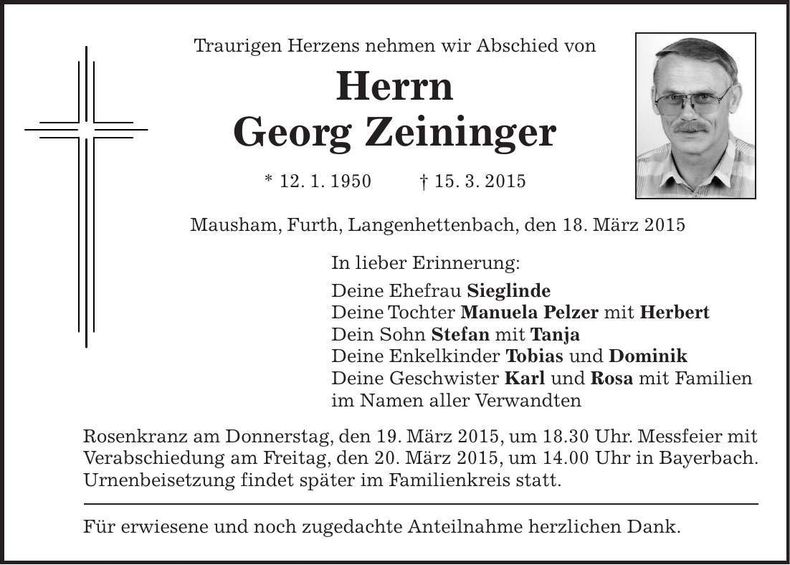 Traueranzeige Georg Zeininger