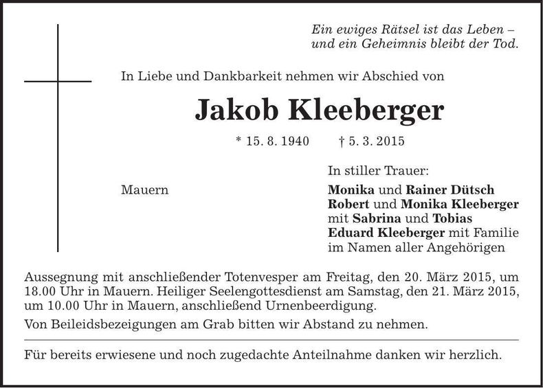 Traueranzeige Jakob Kleeberger