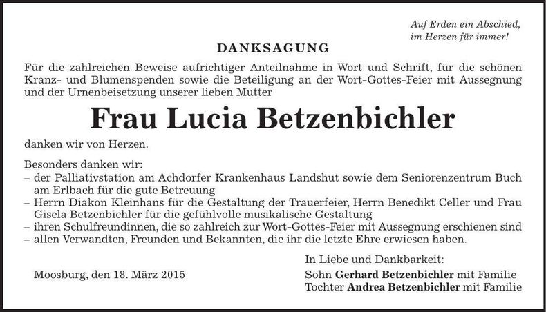 Traueranzeige Lucia Betzenbichler
