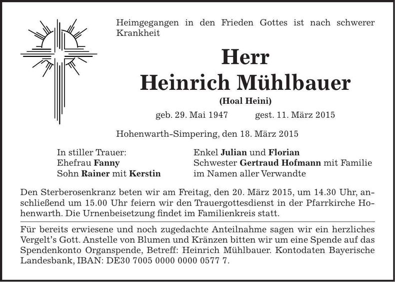 Traueranzeige Mühlbauer Heinrich