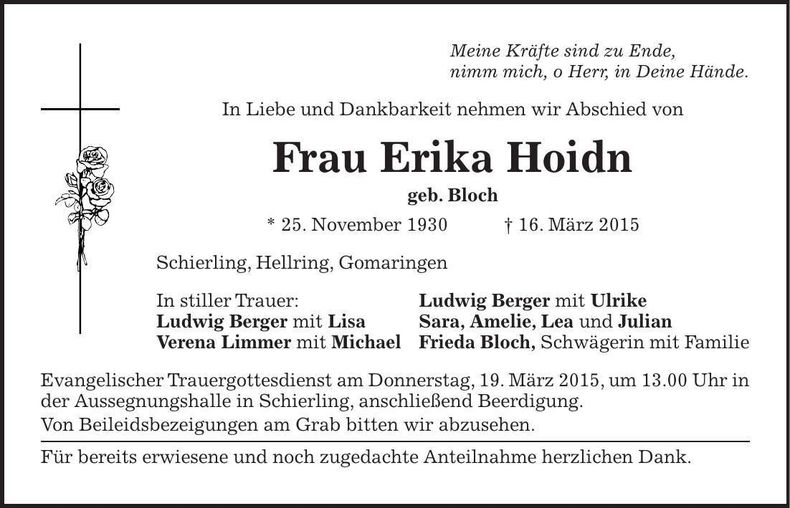 Traueranzeige Erika Hoidl