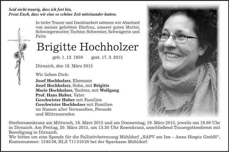 Traueranzeige Brigitte Hochholzer