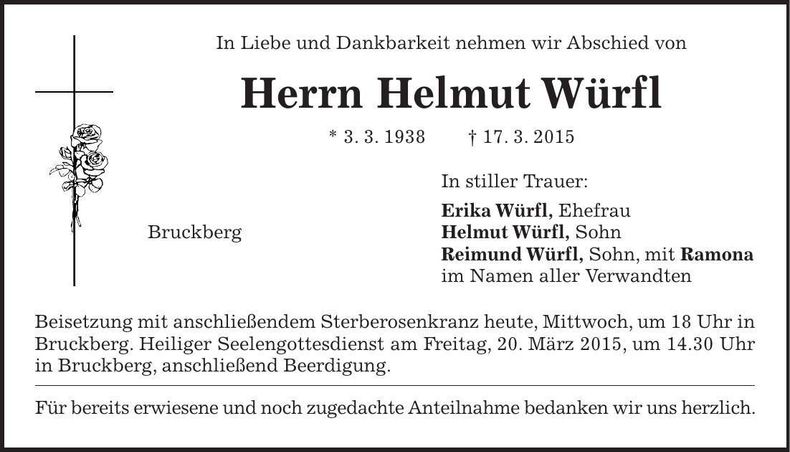 Traueranzeige Helmut Würfl