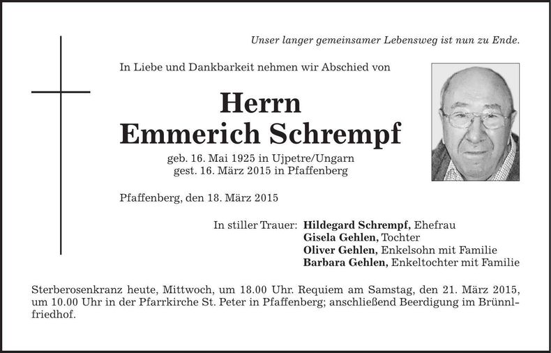 Traueranzeige Emmerich Schrempf