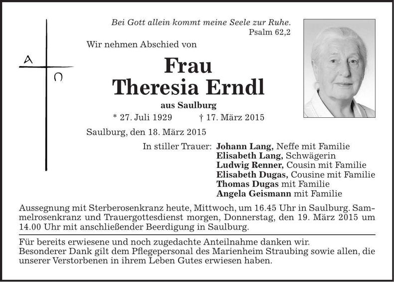 Traueranzeige Theresia Erndl