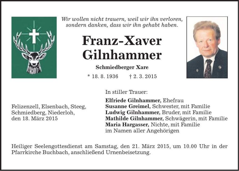 Traueranzeige Franz-Xaver Gilnhammer