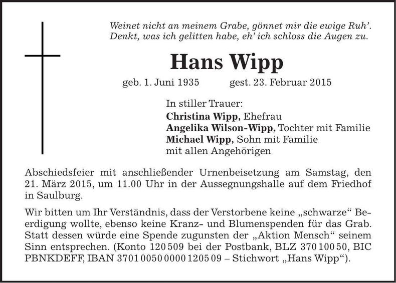 Traueranzeige HAns Wipp