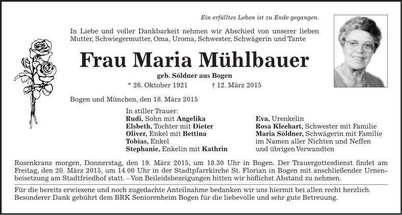 Traueranzeige Maria Mühlbauer