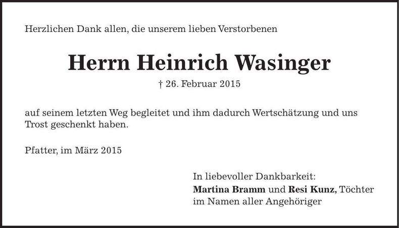 Traueranzeige Heinrich Wasinger