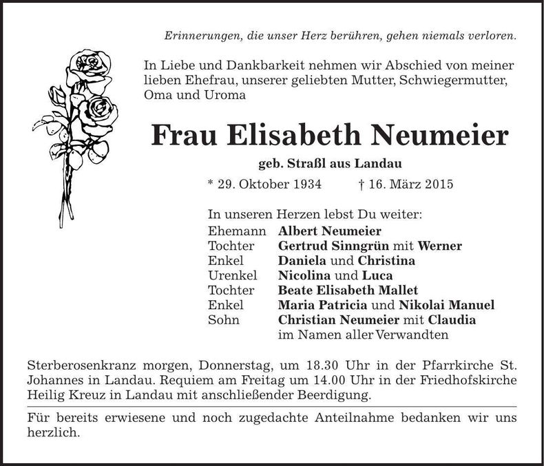 Traueranzeige Elisabeth Neumeier