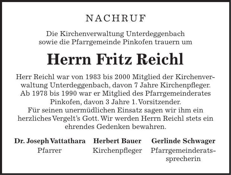 Traueranzeige Fritz Reichl