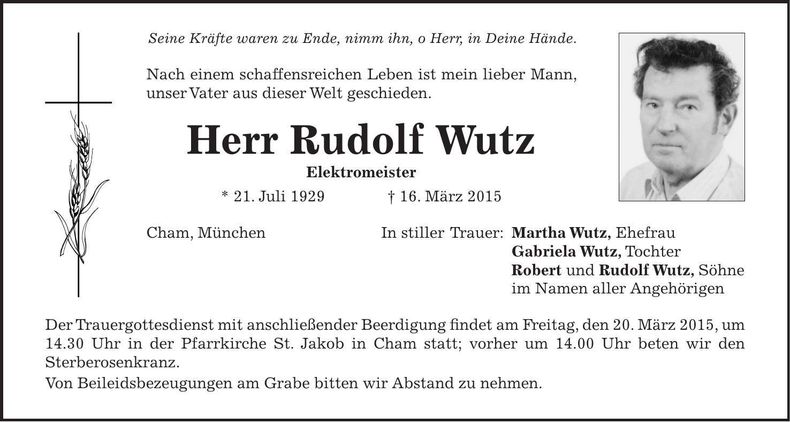 Traueranzeige Rudolf Wutz