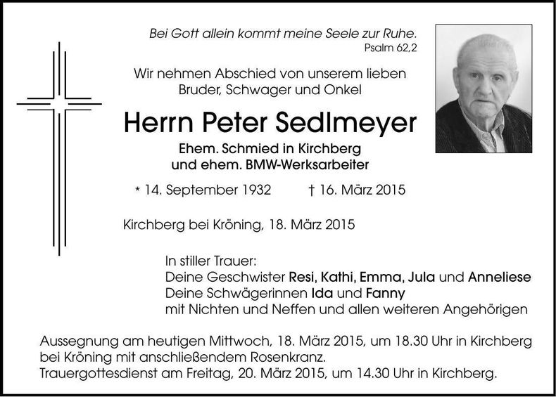 Traueranzeige Peter Sedlmeyer