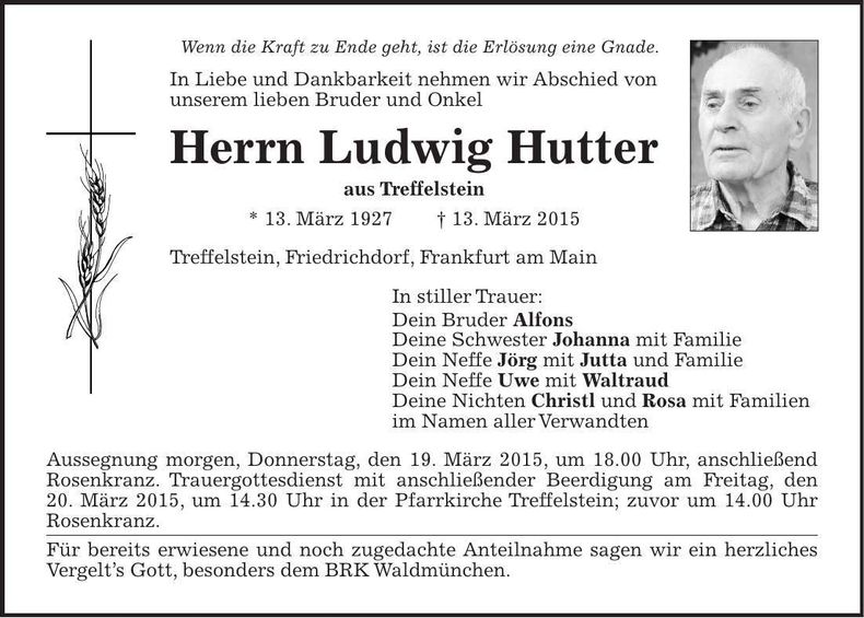 Traueranzeige Ludwig Hutter