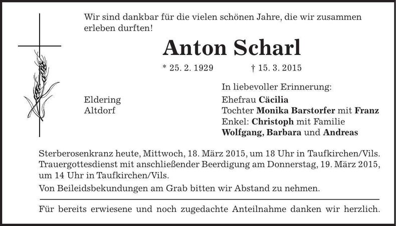 Traueranzeige Anton Scharl