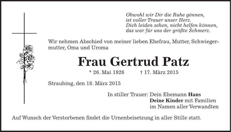 Traueranzeige Gertrud Patz