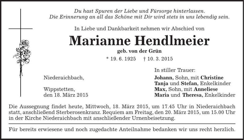 Traueranzeige Marianne Hendlmeier