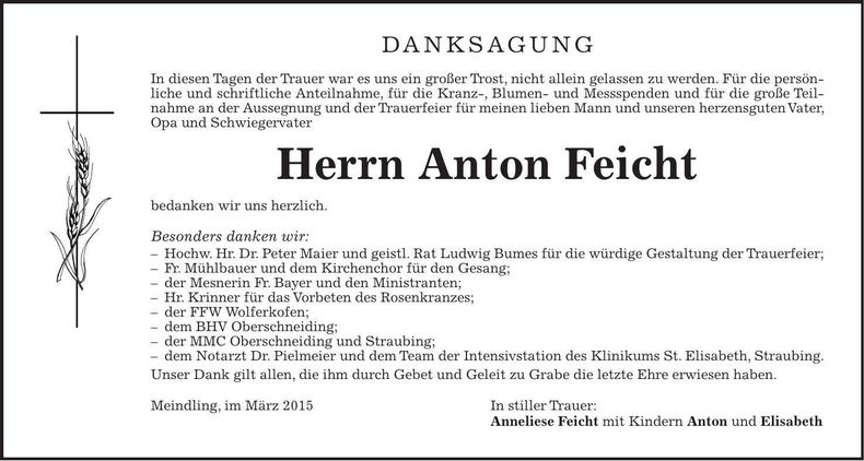 Traueranzeige Anton Feicht