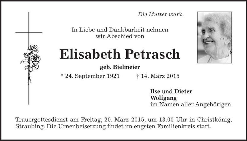 Traueranzeige Elisabeth Petrasch