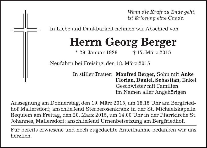 Traueranzeige Georg Berger
