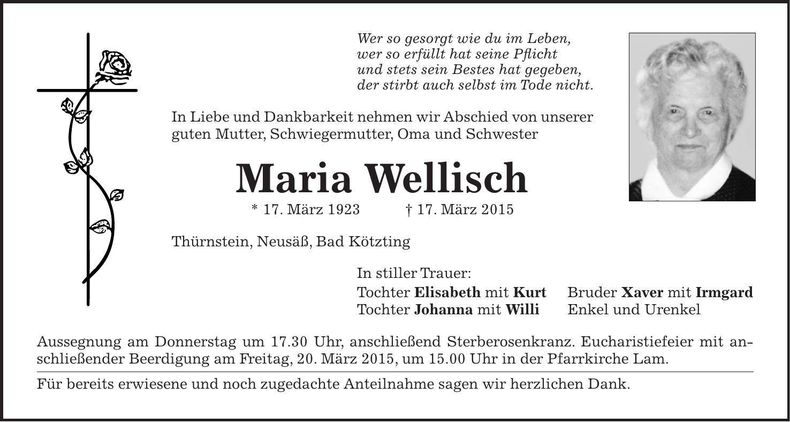 Traueranzeige Maria Wellisch