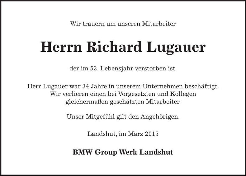 Traueranzeige Richard Lugauer