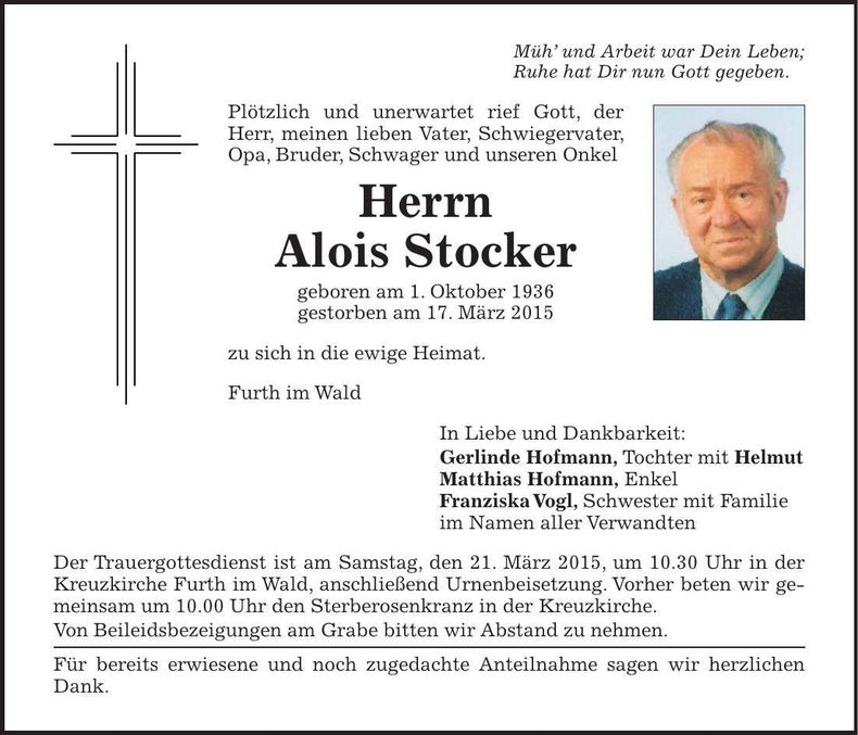Traueranzeige Alois Stocker