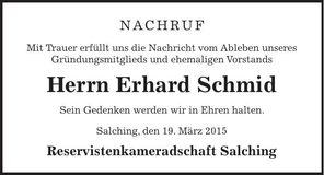 Traueranzeige Erhard Schmid