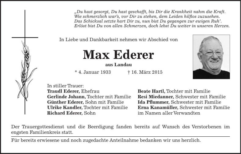 Traueranzeige Max Ederer