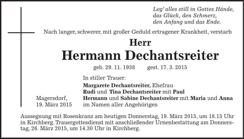 Traueranzeige Hermann Dechantsreiter
