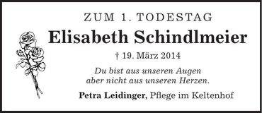 Traueranzeige Elisabeth Schindlmeier