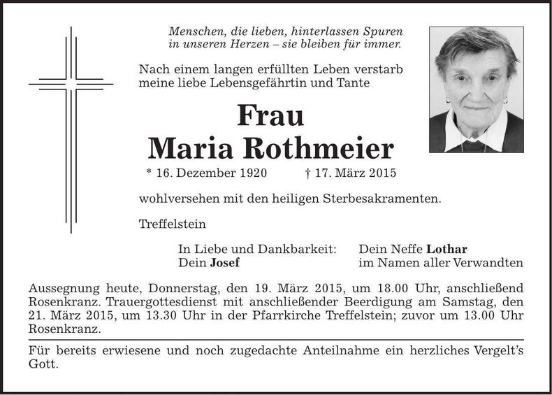 Traueranzeige Maria Rothmeier