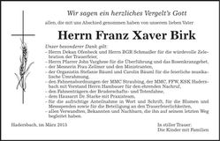 Traueranzeige Xaver Birk
