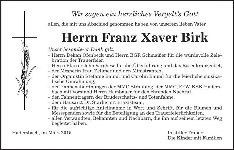 Traueranzeige Xaver Birk
