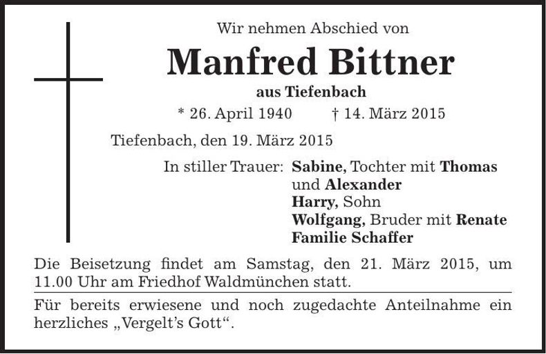 Traueranzeige Manfred Bittner