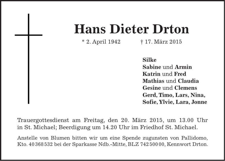 Traueranzeige Hans Dieter Drton