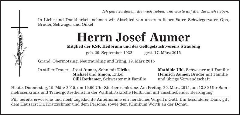 Traueranzeige Josef Aumer