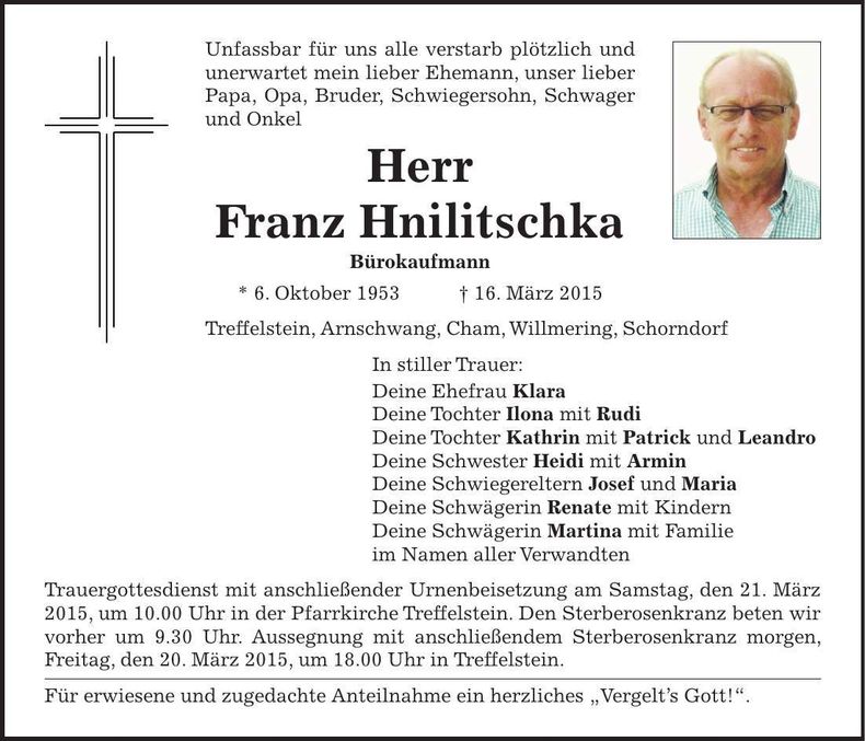 Traueranzeige Franz Hnilitschka