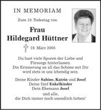 Traueranzeige Hildegard Hüttner