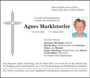 Traueranzeige Agnes Markstorfer