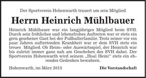 Traueranzeige Heinrich Mühlbauer