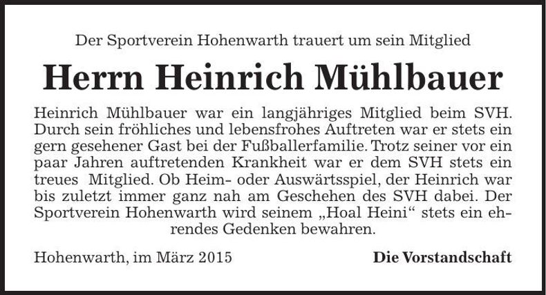 Traueranzeige Heinrich Mühlbauer