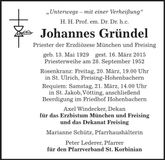 Traueranzeige Johannes Gründel