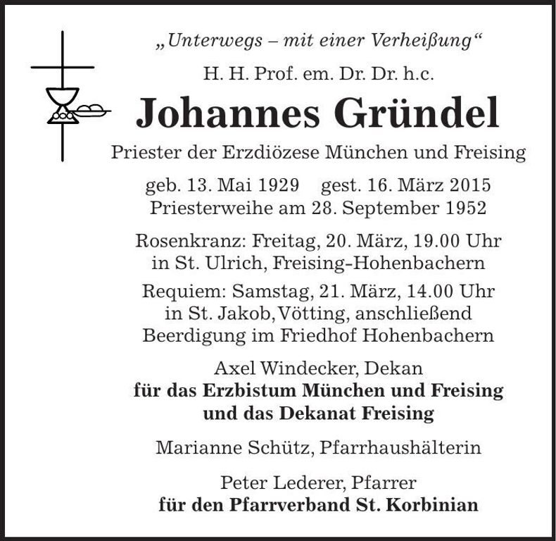 Traueranzeige Johannes Gründel