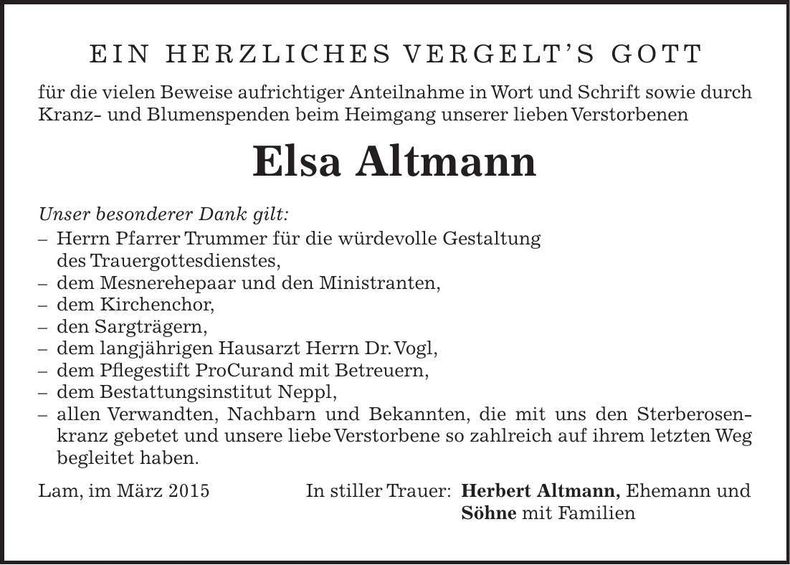 Traueranzeige Elsa Altmann